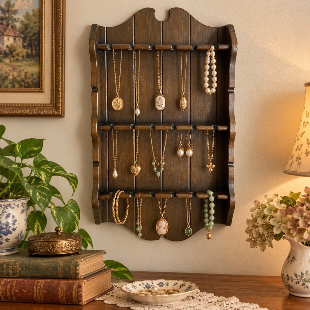 Vintage Wood Wall Jewelry Organizer Hanging Necklace Holder Rack Dark Oak 16.5"